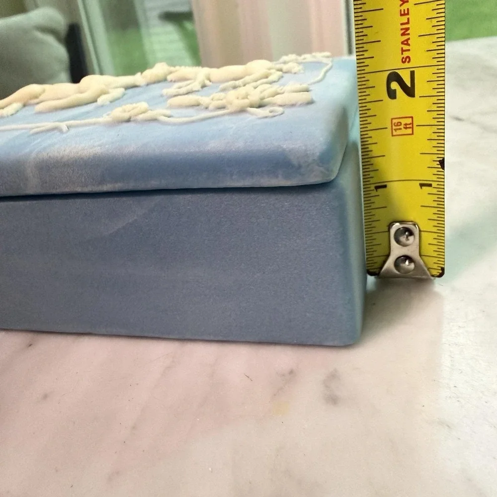 VTG 80s Genuine Incolay Stone Unicorn Mother Baby Trinket Box Powder Blue White